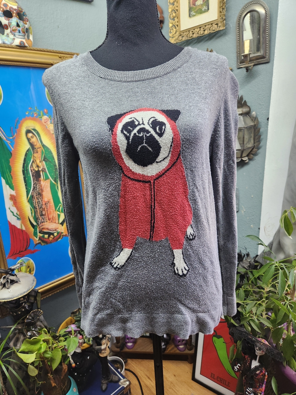 Banana Republic Gray Crewneck Sweater with Red Hoodie Pug Motif